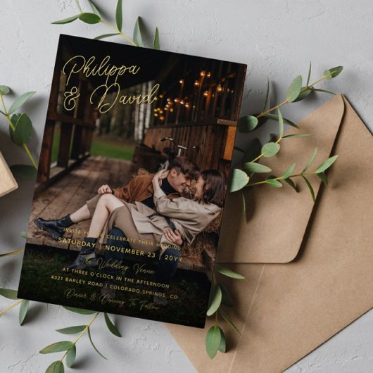 Namen in Gold Foil Script Photo Wedding Folie Uitnodiging