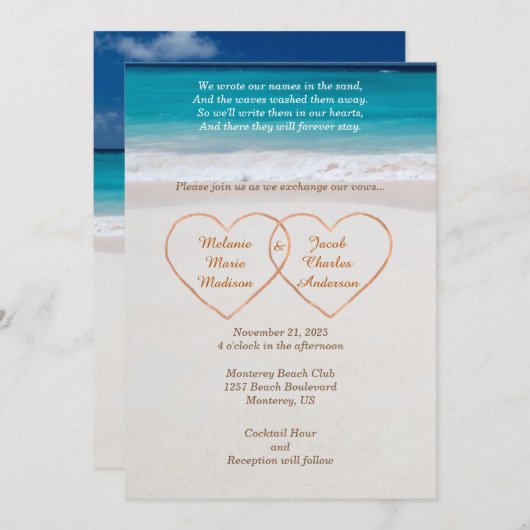 Namen in harten op het strand trouwuitnodiging kaart (Voorkant / Achterkant)