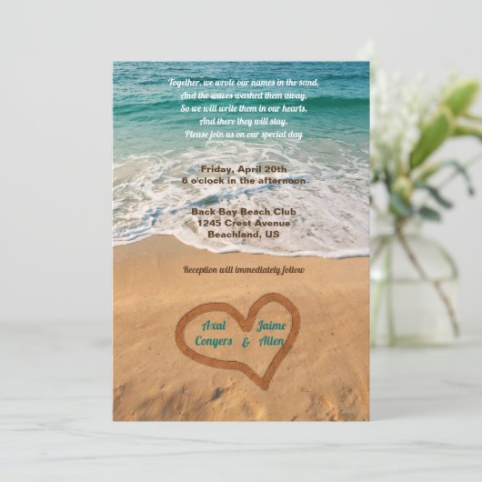 Namen in het hart op het strand kaart (Staand voorkant)