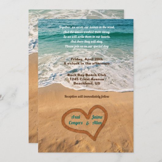 Namen in het hart op het strand kaart (Voorkant / Achterkant)