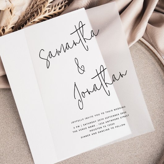 Namen in informele script bruiloft overlay vellum uitnodigingen