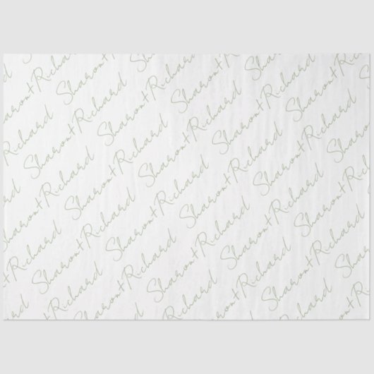 Namen in sage groen script kalligrafie bruiloft tissuepapier (Voorkant)