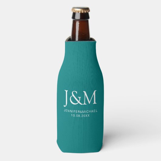 Namen Monogram Donker Blauwgroen Sjabloon Trouwdat Flesjeskoeler (Fles Voorkant)
