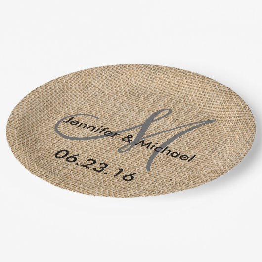 Namen Rustic Burlap Wedding Monogram Datum Papieren Bordje (Gekanteld)