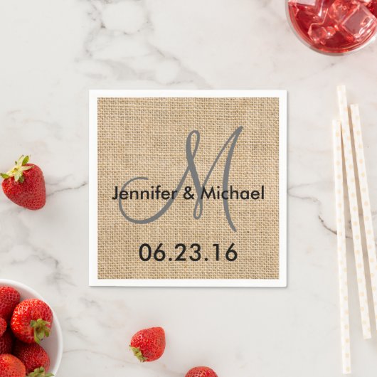 Namen Rustic Burlap Wedding Monogram Datum Servetten (Insitu)