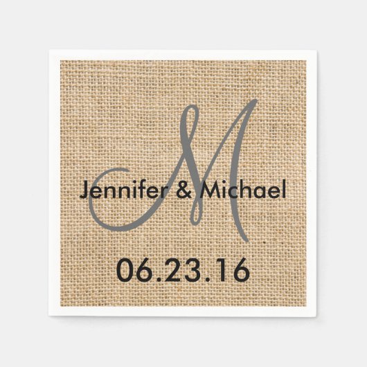 Namen Rustic Burlap Wedding Monogram Datum Servetten (Voorkant)