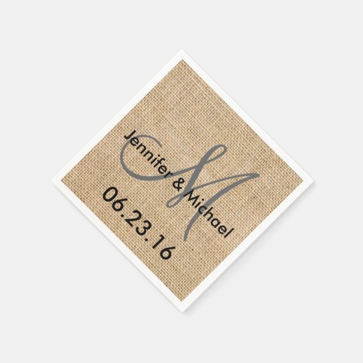 Namen Rustic Burlap Wedding Monogram Datum Servetten (Hoek)
