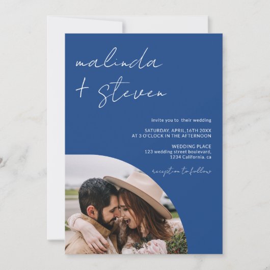 Namen script boog blauw 4 foto alles in 1 bruiloft kaart (Voorkant)