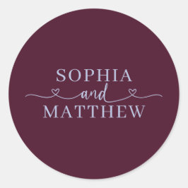 Namen Script Hart Trouwen Wijnrood Blauwpaars Ronde Sticker