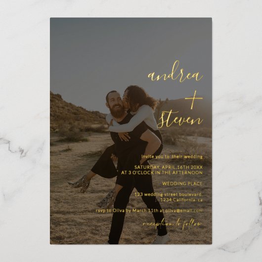 Namen script simpel fotoscript trouwgoud folie uitnodiging (Voorkant)