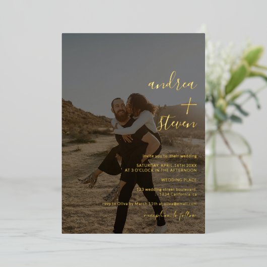 Namen script simpel fotoscript trouwgoud folie uitnodiging (Staand Voorkant)