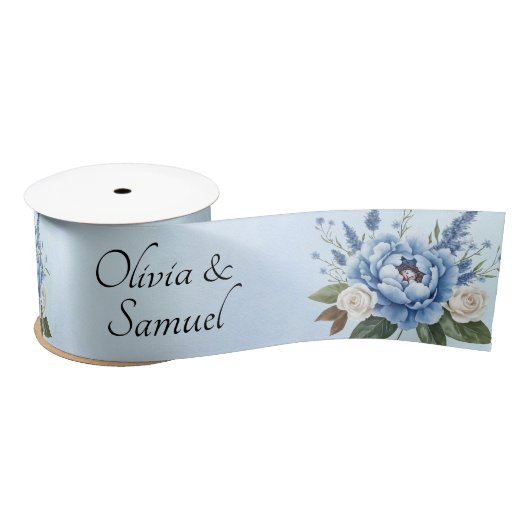 Namen toevoegen, 3" brede Blue Peony Wedding Suite Satijnen Lint (Spoel)