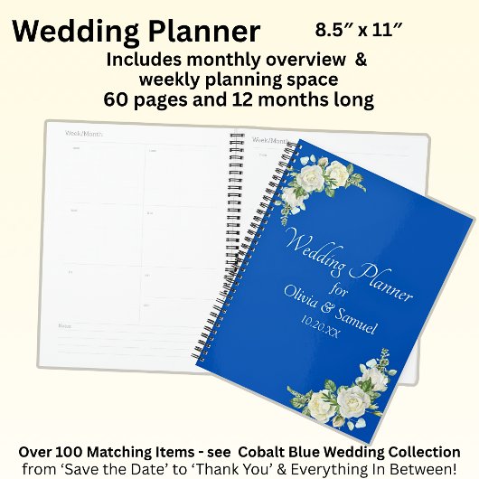 Namen toevoegen & Datum Kobalt Blauw & Wit Rozen T Planner