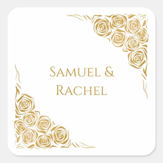 Namen van het paar Hand getrokken Golden Rozen bru Vierkante Sticker (Voorkant)
