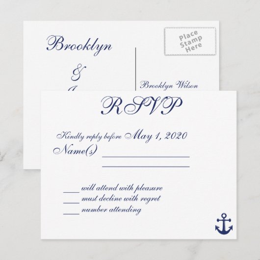 Namen van Navy Blue Nautical Wedding RSVP Briefkaa Uitnodiging Briefkaart (Voorkant / Achterkant)