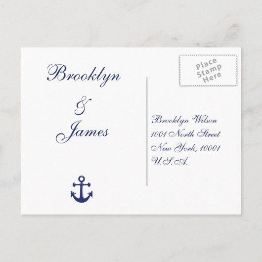 Namen van Navy Blue Nautical Wedding RSVP Briefkaa Uitnodiging Briefkaart (Achterkant)