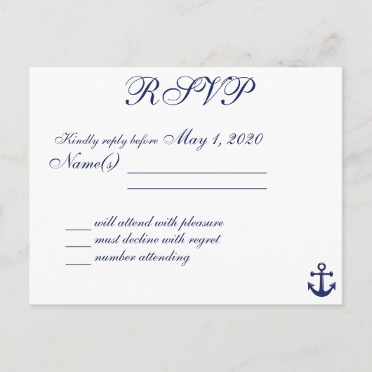 Namen van Navy Blue Nautical Wedding RSVP Briefkaa Uitnodiging Briefkaart (Voorkant)