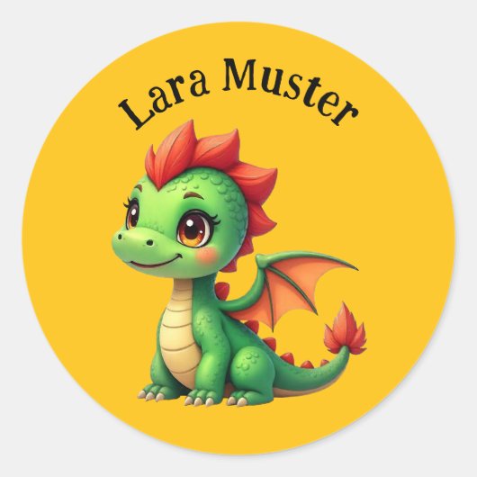 Namensaufkleber - Babydrache grün gelb Ronde Sticker (Voorkant)
