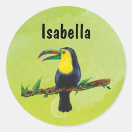 Namensaufkleber grün - Tucan Aquarell-Design Ronde Sticker