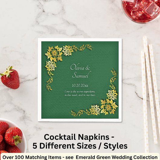 Names Date Message Emerald Green & Gold Cocktail Servet
