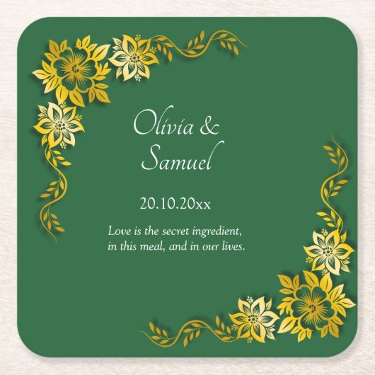 Names Date Message Emerald Green & Gold Kartonnen Onderzetters (Voorkant)