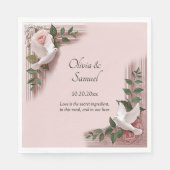 Names Date Message Pink Roses & Doves Luncheon Servet (Voorkant)