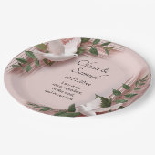 Names Date Message Pink Roses & Doves Wedding 9" Papieren Bordje (Gekanteld)