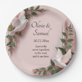 Names Date Message Pink Roses & Doves Wedding 9" Papieren Bordje (Voorkant)