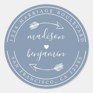 Names Heart Arrow Blue Wedding Return Address Ronde Sticker