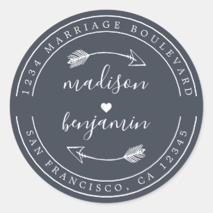 Names Heart Arrow Blue Wedding Return Address Ronde Sticker