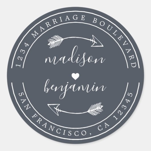Names Heart Arrow Blue Wedding Return Address Ronde Sticker (Voorkant)