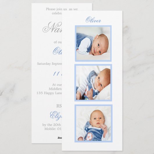 Naming Celebration Photo Baby Blue Invitation Feestdagenkaart (Voorkant / Achterkant)
