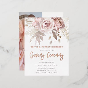 Naming Ceremony Dusty Roos Bloemen Roos Goud Folie Uitnodiging Briefkaart