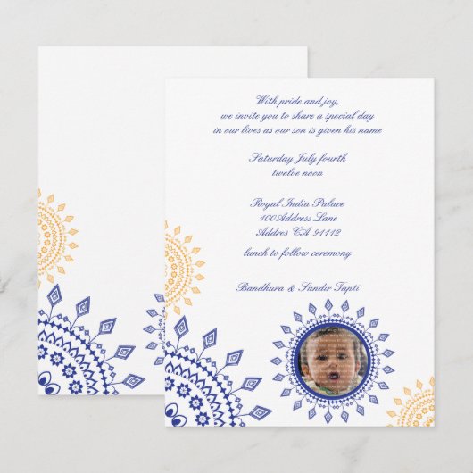 Namkaran Blue & Yellow Baby Naming-uitnodigingen Kaart (Voorkant / Achterkant)