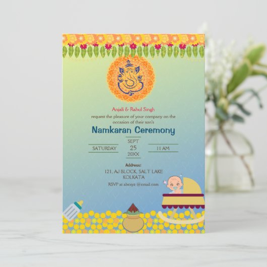 Namkaran Naming Ceremony Gouden Elementen Kaart (Staand voorkant)