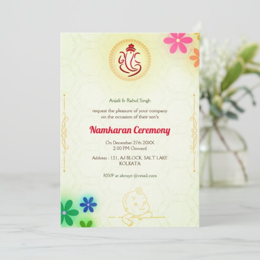 Namkaran Naming Ceremony Gouden Elementen Kaart (Staand voorkant)