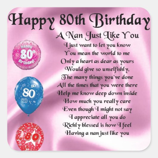 Nan Poem - 80th Birthday Vierkante Sticker (Voorkant)