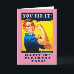 Nana 90th Birthday met Rosie de Riveter Kaart<br><div class="desc">Vintage Rosie het afbeelding van het poster Riveter versiert de cover van deze Happy 90th Birthday-kaart voor Nana,  oma. In roze. Blauw,  rood,  en geel primair kleurenschema in het poster. Pas het versum binnen aan zoals je wilt. Kunst,  afbeelding en vers copyright © Shoaff Ballanger Studios,  2023.</div>