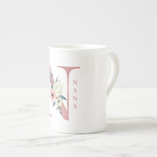 Nana Bloem Letter N Roze Glitter Shimmer Porselein Kop (Voorkant rechts)