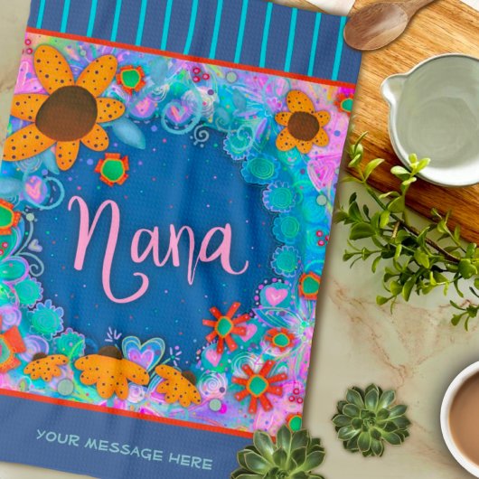Nana Blue  Bloemenstrepen Plezier gepersonaliseerd Theedoek