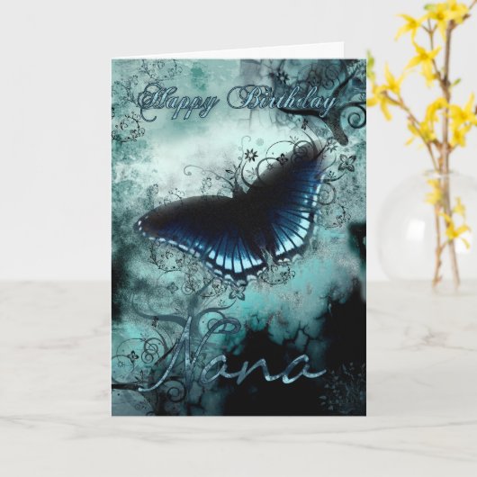 Nana Butterfly Birthday Card - Blauwe Vlinder Birt Kaart (Gele Bloem)