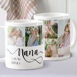 Nana Calligrafie Ik hou van je 6 Foto Koffiemok<br><div class="desc">Een cadeau voor je nana. Deze foto-mok is geletterd met "nana" in een zweem kalligrafie en je kunt je personaliseren met jouw naam en boodschap, zoals ik van je hou. Het fotomalplaatje is opstelling voor u om 6 van uw favoriete foto's toe te voegen die in vierkant en verticaal portretformaat...</div>