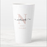 Nana Elegant Script Monogram Blush Pink Latte Mok<br><div class="desc">Latte mok voor een nieuwe nana of een lang gevestigde nana! die je kunt personaliseren met de datum waarop ze grootmoeder werden. Dit trendy minimalistische ontwerp heeft een subtiel kleurenpalet van wazige roze, zwart-wit. Het heeft een monogram van Nana, met de letter N van het initiaal en de naam nana,...</div>