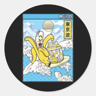 Nana Met Melkpak Surft op Japanse Golven Kawaii V Ronde Sticker