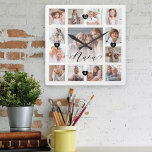 Nana Script Family Memory Photo Grid Collage Vierkante Klok<br><div class="desc">Een mooi gepersonaliseerd cadeau voor je nana dat ze nog jaren zal koesteren. Biedt een moderne collage van dertien foto's op het raster om 13 van uw eigen speciale familieherinneringen weer te geven. "Nana" ontworpen in een prachtige handgeschreven zwarte manuscriptstijl. Elke foto is voorzien van een eenvoudig goudkleurig lijst. De...</div>