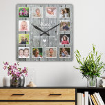 Nana We houden van je 12 Foto Collage Gray Wood Vierkante Klok<br><div class="desc">Rustische houtsfotocollage klok op maat van 12 afbeeldingen,  kleinkinderen namen en 'Nana We houden van je' typografie.</div>