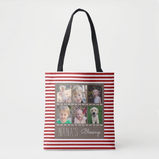 Nana's Blessings Fotocollage Rood & Wit Strepen Tote Bag (Voorkant)