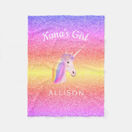 Nanas Girl Unicorn Rainbow Glitter - Gepersonalise Fleece Deken (Voorkant)