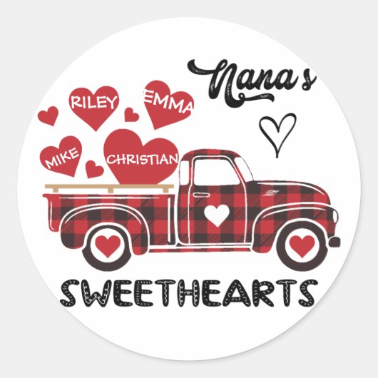 Nana's Sweethearts Truck Personalized Grandma Ronde Sticker (Voorkant)