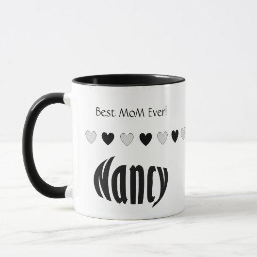 "Nancy" Gepersonaliseerde naam, zwart en wit harte Mok (Links)